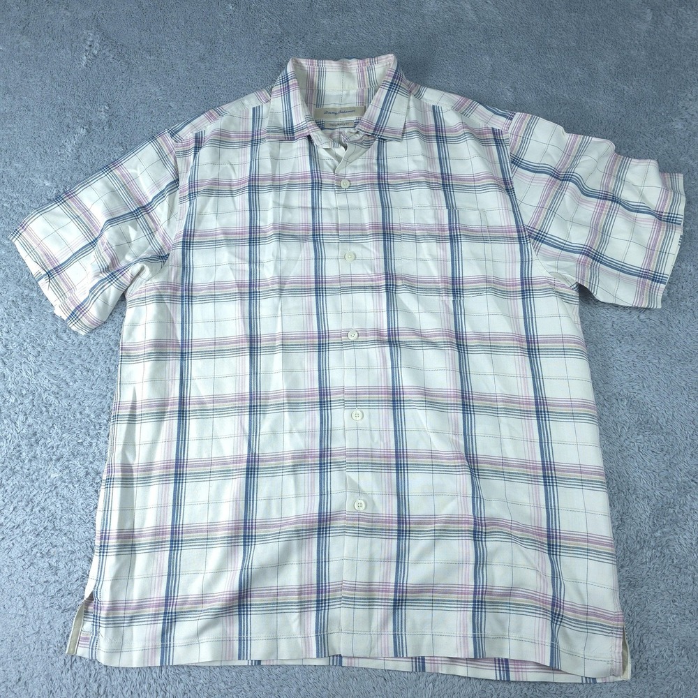 Tommy Bahama Shirt Mens Large White Plaid 100% Silk Short Sleeve Button Up